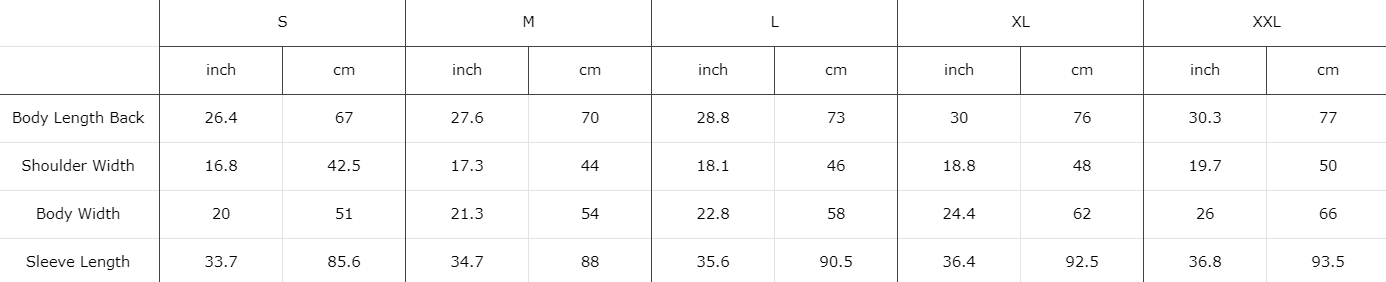 A size chart with various sizing information for Nice Emoji sweaters.